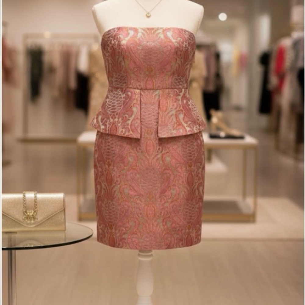 Laundry by Shelli Segal Pink Gold Metallic Pineapple Jacquard Strapless Peplum